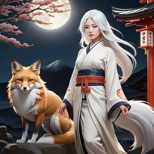 Prompt: Masterpiece of anime art, Asian woman with long white hair half fox and half human, full body, high-resolution, 4K details, Japan shrine scene, moonlight, fuji mount