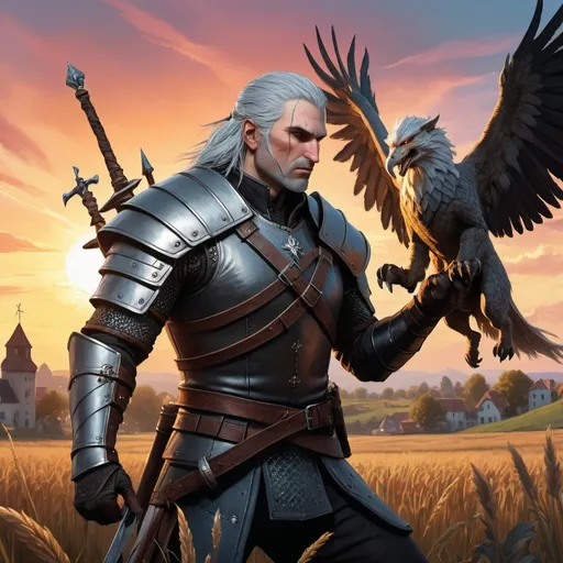 Prompt: A guy tarot card featuring a sorcerer dressed like Geralt de rive in (elegant body armor), (fighting) pose, set in a field next to an old town with windwill, a (griffin majestic in front of him, surrounded by beautiful sunset, illuminated by soft sunlight, (hyperrealistic) D&D fantasy art, illustrating necromunda, (official character art), the witcher, vivid colors, high-resolution, 4K details.