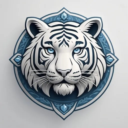 Prompt: (logo design), tiger icon, intricate decorations, whitish color palette, accents of faint blue, modern stylistic elements, bold contours, clean lines, artistic simplicity, conveying strength and unity, suitable for a gaming guild, professional and captivating design, focusing on symbolism and identity.