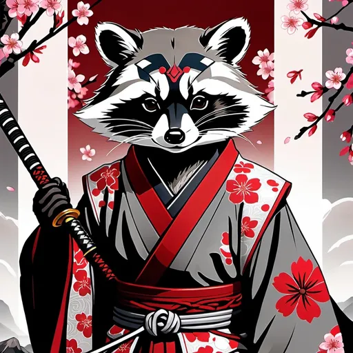 Prompt: tarot card Anime illustration, cherry blossom, shrine ,a raccoon samurai, detailed ornate cloth robe, eye scar ,bad face expression,dramatic lighting, black, gray, red palette. Katana with raccoon ornaments, hand raccoon texture