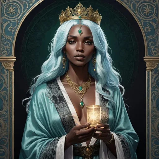 Prompt: tarot card illustration, Light-blue haired woman (Black skin) ,long hair, with a tiara emeralded, detailed ornate cloth robe, dramatic lighting