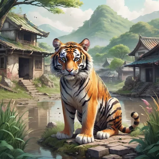 Prompt: (baby tiger in a destroyed village) sorrowful expression, desolation, faded details, river , reflect (adult tiger as king) regal posture, majestic aura, contrasting happy and prosperous village, (fantasy character art) vibrant colors, intense emotions, (RPG-fantasy) richly detailed, dynamic atmosphere, (2D illustration) flowing composition, whimsical touches, (background) windy Japan-like meadow, lush greenery, soft pastel tones, high resolution, ultra-detailed.