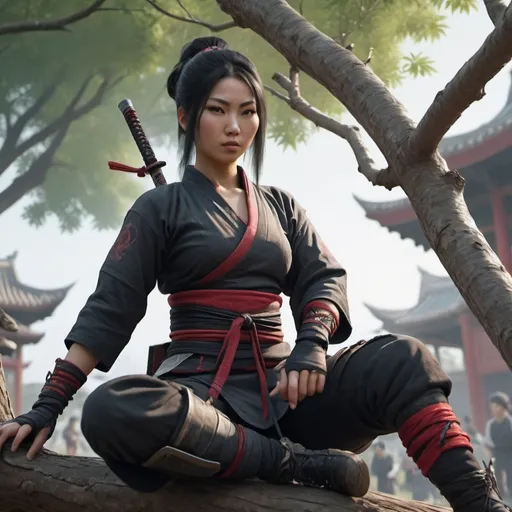 Prompt: An gorgeous Asian kunoichi holding kunai in her hand, sitting on a tree branch, before jumping on a rich passerby speaking with two others people. chinese scene, full scene, hyperrealist,4k, assassin's creed 