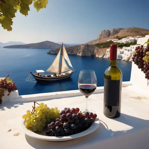 Prompt: Greek Mythology scene,wine ,greek island, boat