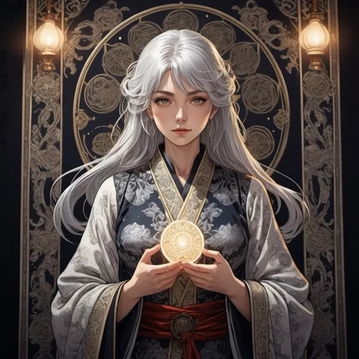 Prompt: tarot card Anime illustration, a silver-haired woman, detailed ornate cloth robe, dramatic lighting