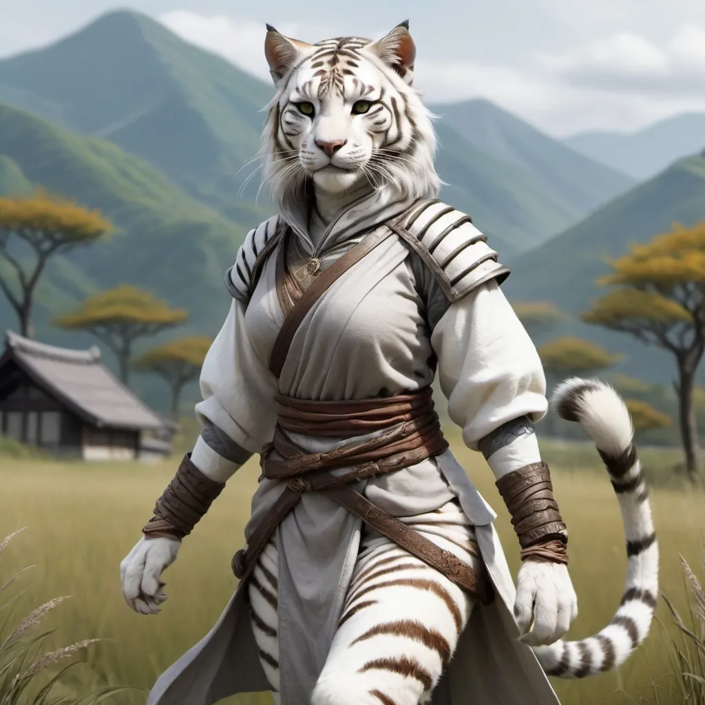 Prompt: Full body, hyper-realistic Khajiit character with white tiger fur, she has light grey eyes, she is skinny but curvy, She is wearing grey medieval travel clothes,  fantasy character art, illustration,  rpg-fantasy, detailed, windy japan like meadow background