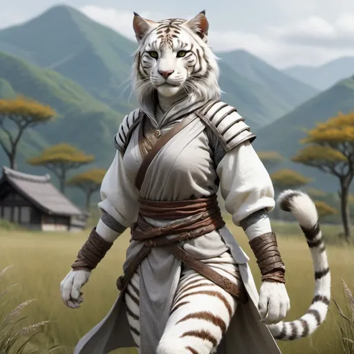 Prompt: Full body, hyper-realistic Khajiit character with white tiger fur, she has light grey eyes, she is skinny but curvy, She is wearing grey medieval travel clothes,  fantasy character art, illustration,  rpg-fantasy, detailed, windy japan like meadow background