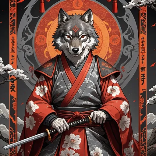 Prompt: tarot card Anime illustration, a samurai, detailed ornate cloth robe, dramatic lighting, red, gray, orange palette. Katana with wolf ornaments