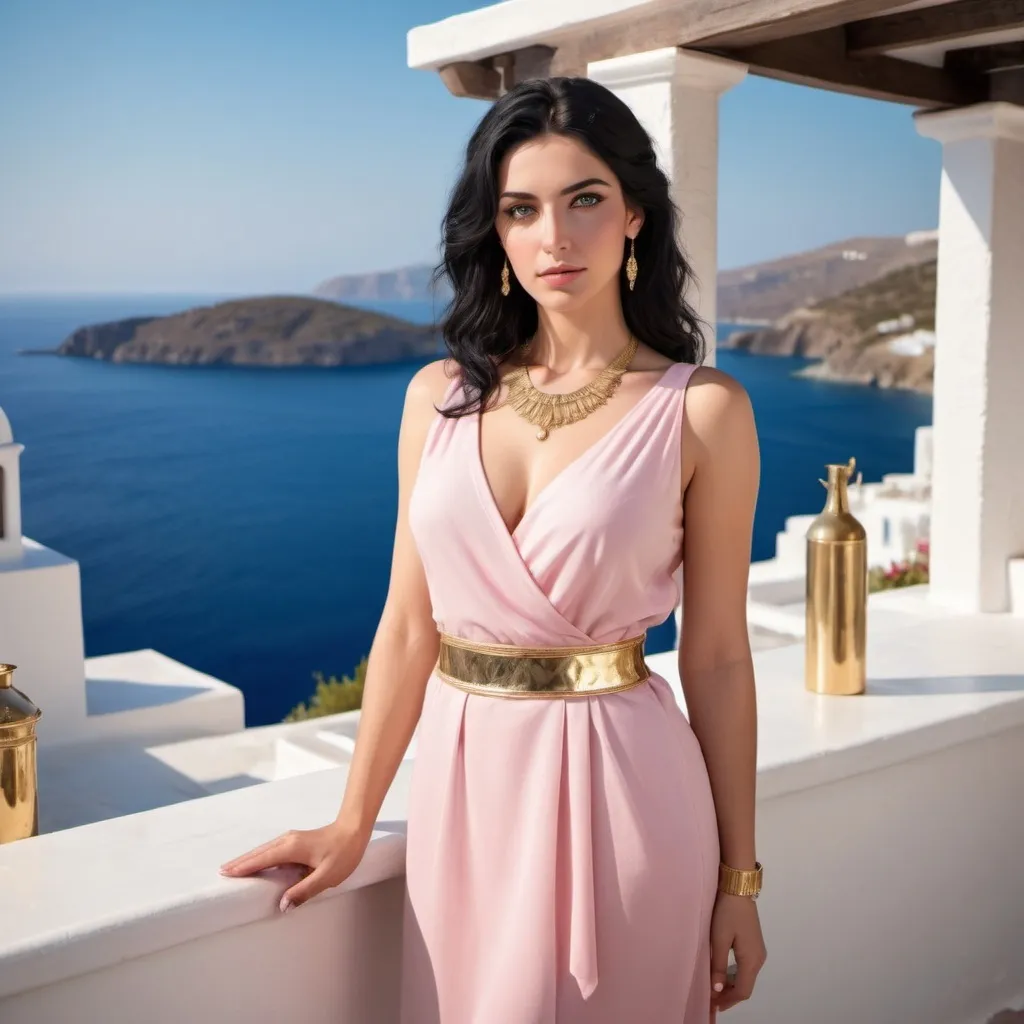 Prompt: Waitress gorgeous greek woman with shoulder length black hair, cold blue eyes, light pink skin, elegant greek clothes and gold jewelry, full body,greek island scene