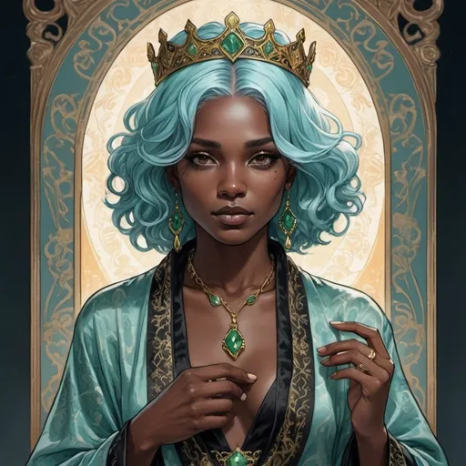Prompt: tarot card illustration, Light-blue haired woman (Black skin) ,shoulder length hair, with a tiara emeralded, detailed ornate cloth robe, dramatic lighting