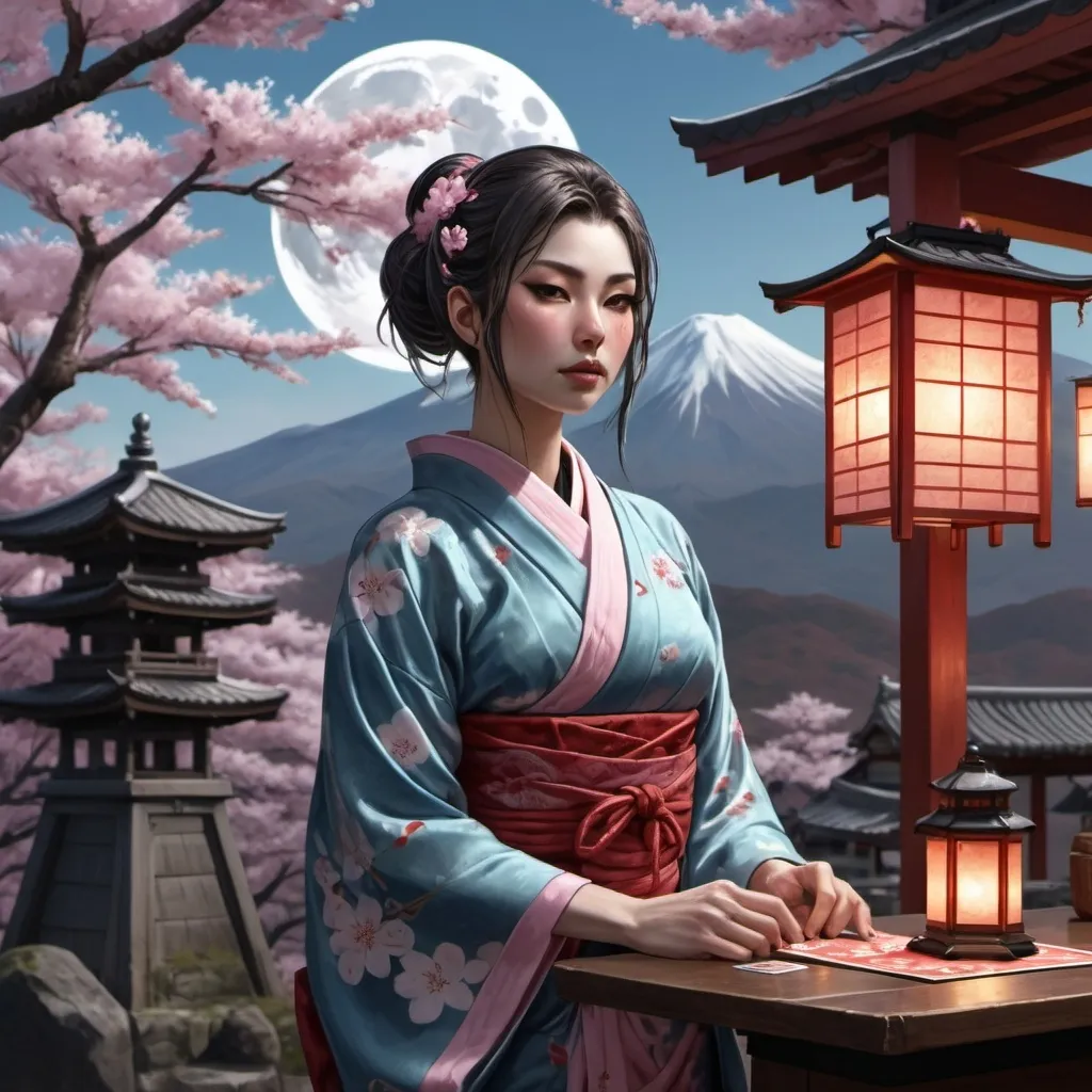 Prompt: a woman in a kimono, (waitress) girl, as a tarot card, fuji mount, shrine, lantern, moon light, cherry blossom, japan themed, hyperrealistic d&d fantasy art, necromunda, official character art