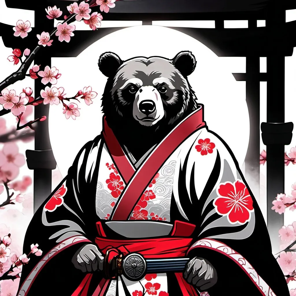 Prompt: tarot card Anime illustration, cherry blossom, shrine ,a bear samurai, detailed ornate cloth robe, eye scar ,bad face expression,dramatic lighting, black, gray, red palette. Katana with bear ornaments, hand bear texture