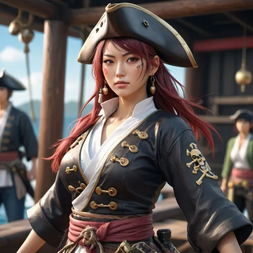 Prompt: beautiful japanese pirate woman, full body focus, anime style, (hyperrealistic), high-resolution, 4K details.