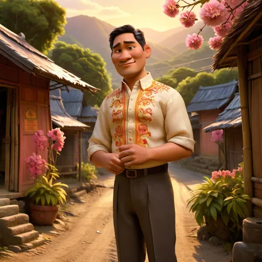 Prompt: A slender Filipino gentleman, aged 40, is standing in front of a Filipino village.  He is wearing a barong tagalog and is holding a bandurria.