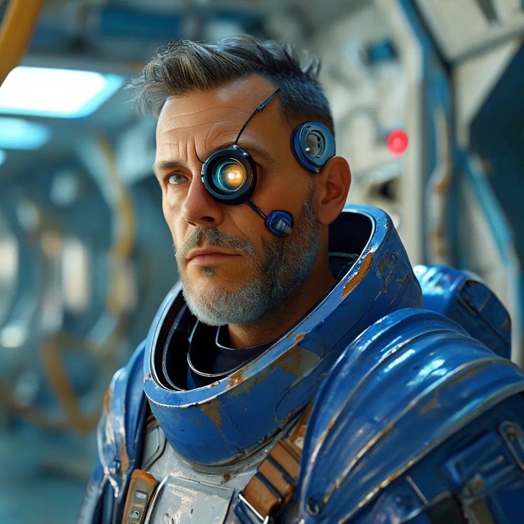 Prompt: Blue-collar male machinery worker in an outer space colony with one eye implant