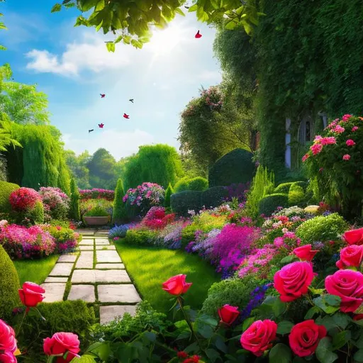 Prompt: Realistic garden scene with vibrant pink and red roses, clear blue skies, peaceful atmosphere, detailed bird silhouettes, high-quality, detailed, realistic lighting, serene environment, lush greenery, vivid floral colors, clear, vibrant, detailed, natural lighting, realistic style, garden landscape, serene ambiance