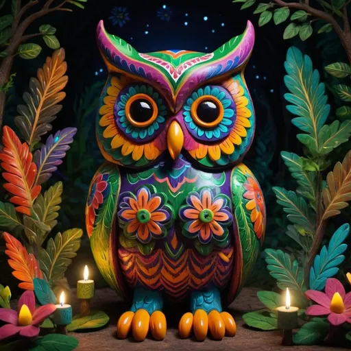 Prompt: vibrant (Mexican style alebrijes), (maestro hūh owl) in a mystical posture, surrounded by lush greenery, detailed carvings, colorful patterns on the owl, (night scene), soft glowing lights illuminating the forest, serene ambiance, (medicinal ceremony), rich earthy tones, deep shadows, (4K), ultra-detailed with intricate designs and enticing textures.