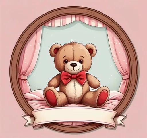 Prompt: Cute teddy bear with red bow tie, vintage wooden border, cosy pink girl's bedroom, empty banner, detailed fur, girls bedroom, warm tones, high quality, vintage illustration, cute design, cartoon, hand drawn, bedroom scene