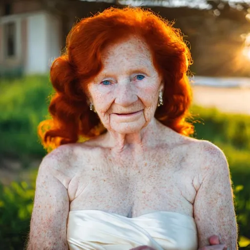 Prompt: Beautiful elderly redhead woman wearing a red strapless dress, long hair, pale skin, freckles, exposed bare shoulders, natural lighting, detailed features, high quality, soft colors, natural beauty, Seed: 527896880
