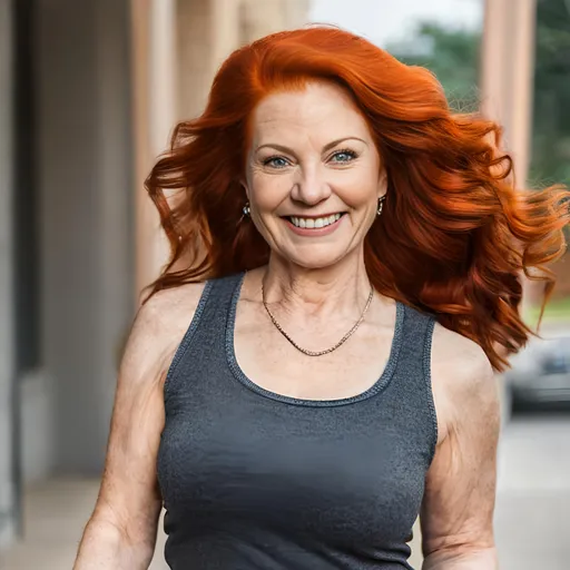 Prompt: Realistic oil painting of an attractive elderly woman, vibrant red hair flowing gracefully, stylish red tank top, warm and inviting smile, soft and natural lighting, high quality, realistic, vibrant red hair, stylish sweater, warm smile, natural lighting, elderly woman, detailed features