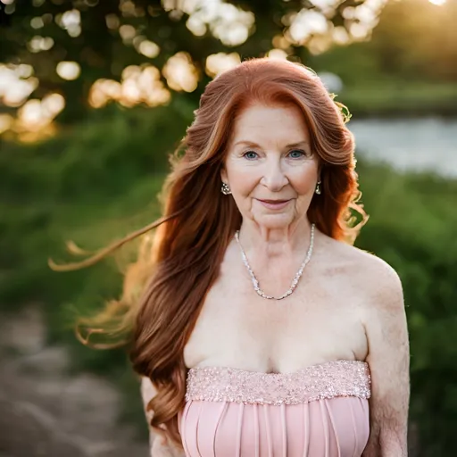 Prompt: A beautiful elderly redhead woman with long straight hair, wearing an pink strapless dress, lots of freckles, realistic photo, elegant posture, detailed features, high quality, refined, classic, warm tones, natural lighting
