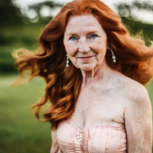 Prompt: A beautiful elderly redhead woman with long flowing curly hair, wearing a pink strapless dress, lots of freckles, realistic photo, elegant posture, detailed features, high quality, refined, classic, warm tones, natural lighting
