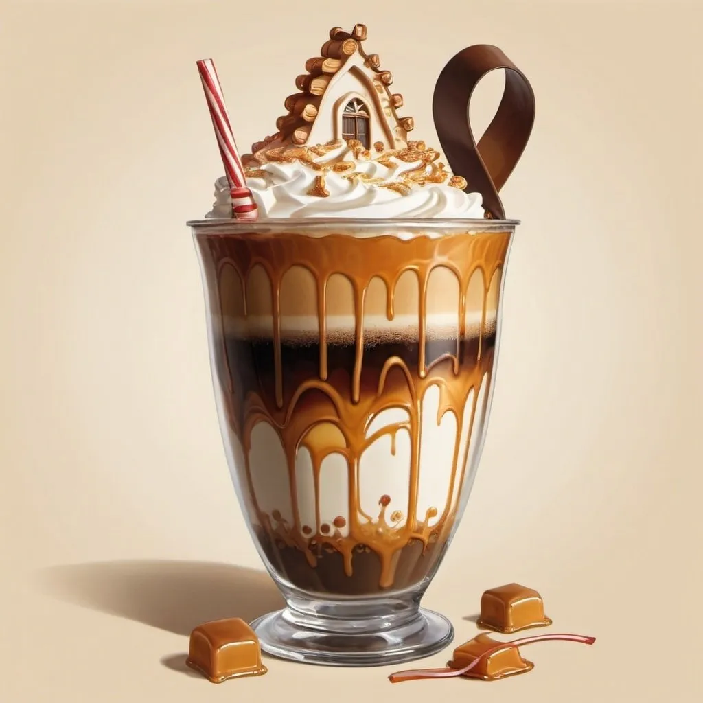 Prompt: An imaginative illustration of a coffee drink called "caramel ribbon church"
