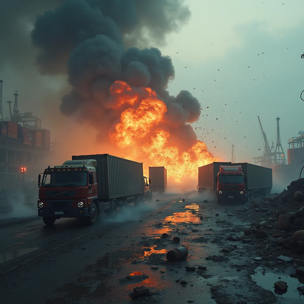 Prompt: “Create a dramatic scene of an explosion occurring at a busy harbor. The image should depict smashed and crumpled freight trucks that were carrying shipping containers, scattered and overturned amidst the chaos. The atmosphere is filled with thick, swirling smoke and debris, casting an eerie shadow over the scene. The sky is darkened by the smoke, and the harbor’s infrastructure is damaged, adding to the sense of destruction.”