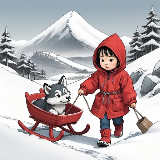 Prompt: Manga style image of a 2 year old chinese girl in a red hooded anorak, holding a wolf pup, and pulling a sled up a snowy hill