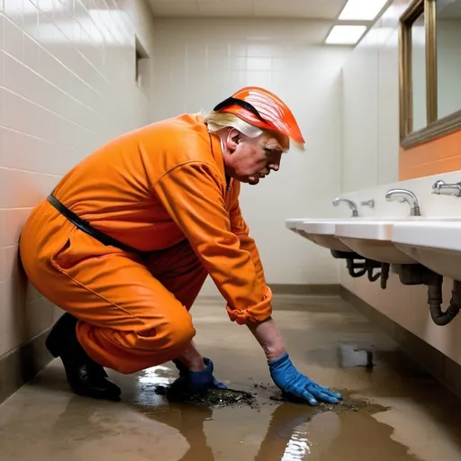 Prompt: Donald Trump in an orange prison jumpsuit scrubbing a filthy bathroom floor
