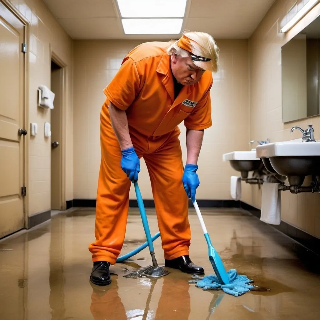 Prompt: Donald Trump in an orange prison jumpsuit scrubbing a filthy bathroom floor with no hat
