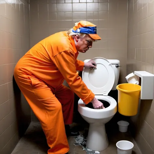 Prompt: Donald Trump in an orange prison jumpsuit scrubbing a filthy toilet