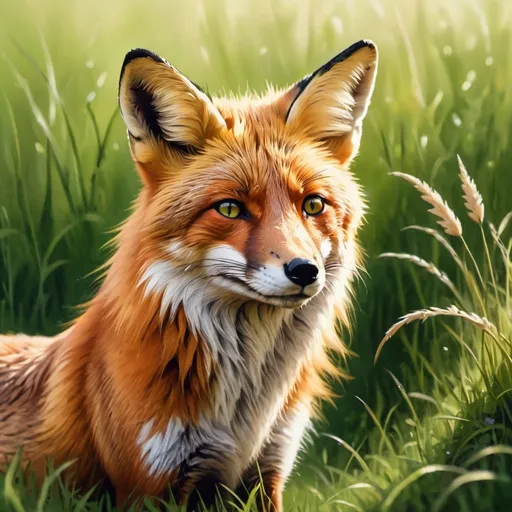 Prompt: Detailed illustration of a majestic fox, vibrant green grass, warm natural lighting, realistic textures, high quality, lifelike, animal art, detailed fur, serene vibe, peaceful atmosphere, fox, grass, natural lighting, realistic textures, high quality, serene