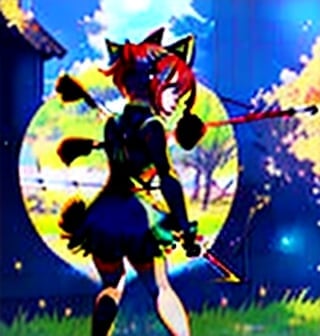 Prompt: Anime illustration of a girl with short red hair, green eyes, cat ears, and tail, holding a bow and arrows, outdoor setting, bright and vibrant colors, detailed eyes and hair, fantasy style, sunny and cheerful lighting, high quality, anime, fantasy, detailed hair, vibrant colors, outdoor setting, cat ears, tail, bow and arrows