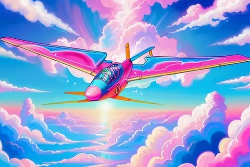 Prompt: An semi realistic airplane flying through the sky. Lots of clouds. Vibrant colors. Lisa frank style. Dreamy and ethereal. Dreamscape. 