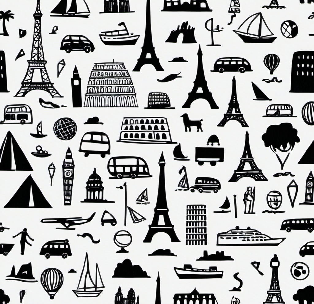 Prompt: black and white, (hand-drawn style), (200 randomly placed icons), (famous landmarks), (travel-themed), minimalist design, clean composition, intricate details, cute, high contrast, seamless white background, playful elements, visually engaging, enjoyable to explore, modern feel, (4K quality), dynamic arrangement, charming icons, whimsical vibe, stimulating layout, artistic representation, place icons closer together.