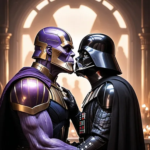 Prompt: Thanos and Darth Vader kissing in a romantic setting