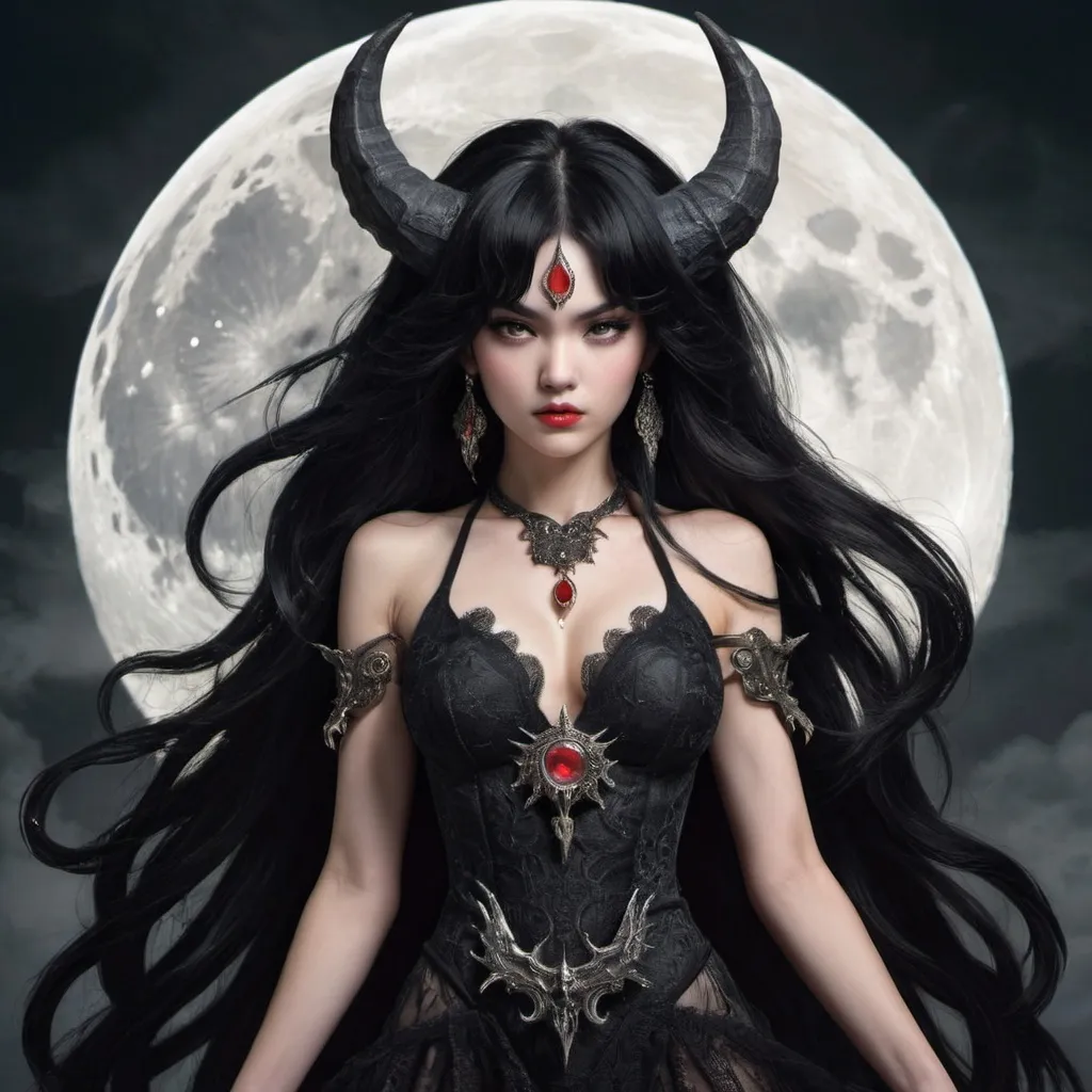 Prompt: black haired beast women wit the demon king of the moon