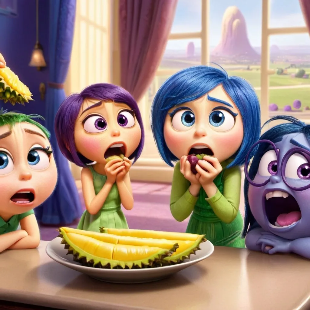 Prompt: Movie characters from Inside out; joy sadness, disgust. All eating the fruit  durian