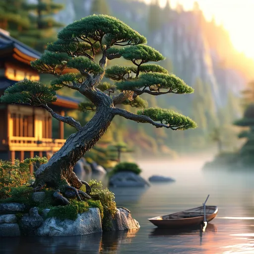 Prompt: (monks bringing bonsai from China to Japan), traditional clothing, historical scene, ancient China and Japan themes, serene atmosphere, detailed bonsai trees, delicate handling of bonsai, lush greenery, wooden boats, gentle river, misty mountains in background, muted color palette, warm tones, peaceful expression on monks' faces, sunset lighting, cultural exchange, high quality, ultra-detailed, 4K.