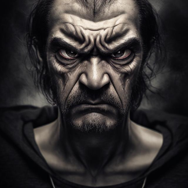 Prompt: Short-statured person with dark eyes and hair, consistently angry and discontented expression, radiating dissatisfaction and anger, intense glare, moody atmosphere, realistic portrait, dark tones, dramatic lighting, high-resolution, detailed facial features, expressive eyes, realistic, intense emotion