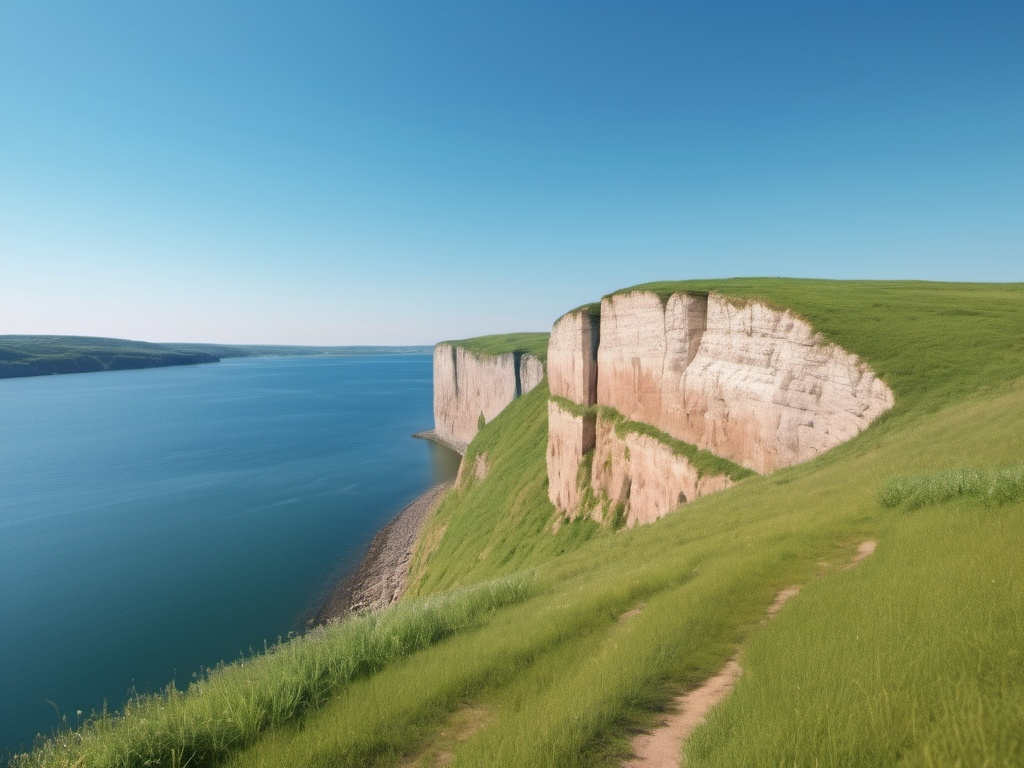 Prompt: a hill with a cliff face and a body of water in the distance on a sunny day with a blue sky, Evaline Ness, regionalism, liminal space, a matte painting