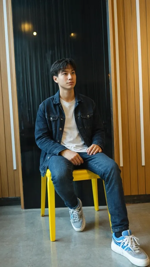 Prompt: A young individual sits calmly on a bright yellow chair, exuding a relaxed yet contemplative demeanor. Dressed in a dark denim jacket over a white shirt and paired with sleek blue and gray sneakers, he gazes slightly upward, lost in thought amid the modern setting, characterized by wooden paneling and a subtle glow from ambient lighting. The scene captures a blend of urban style and tranquility, with the polished floor reflecting soft lights that add a touch of warmth to the composition. This combination of vibrant color from the chair against the muted tones of the surroundings creates an inviting atmosphere, suggesting a moment of introspection or creative reflection.