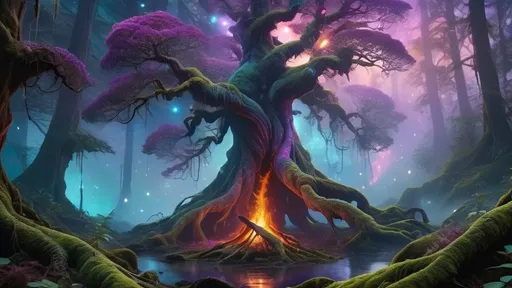 Prompt: An enchanted twilight forest with towering ancient trees, glowing moss, and twisted roots, a large magical bonfire blazing in the center, ethereal purple, teal, magenta, and blue aether swirling around the fire, glowing fireflies floating through the mist, a cosmic sky above filled with nebulas and a spiral galaxy, cinematic lighting, ultra-detailed, mystical atmosphere, fantasy landscape, volumetric lighting, magical realism
