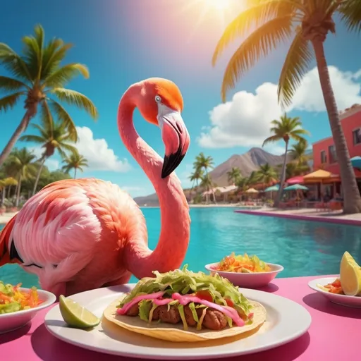 Prompt: Flamingo eating tacos with a human