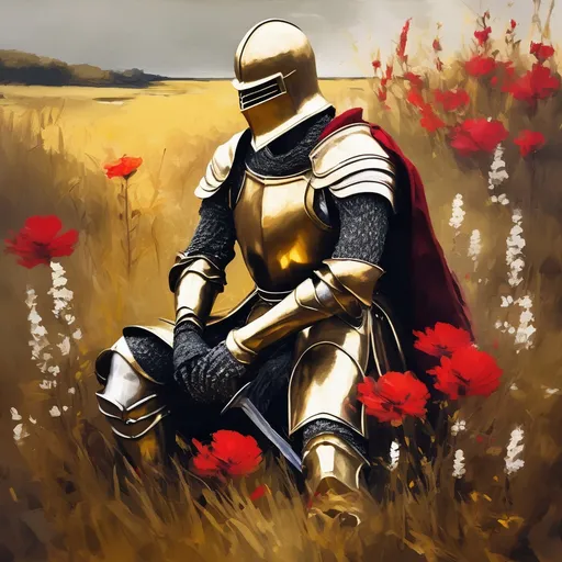 Prompt: Oil paint knight sitting in a golden grassland with a bunch of red and white flowers ,rough edges,muted colors.Warm lighting neutral backdrop