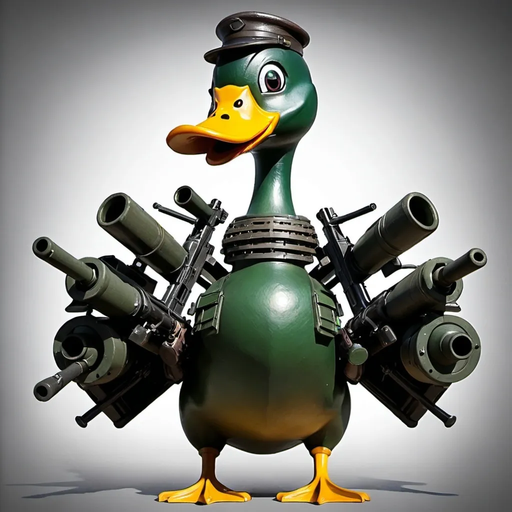 Prompt: give the duck giant machine guns