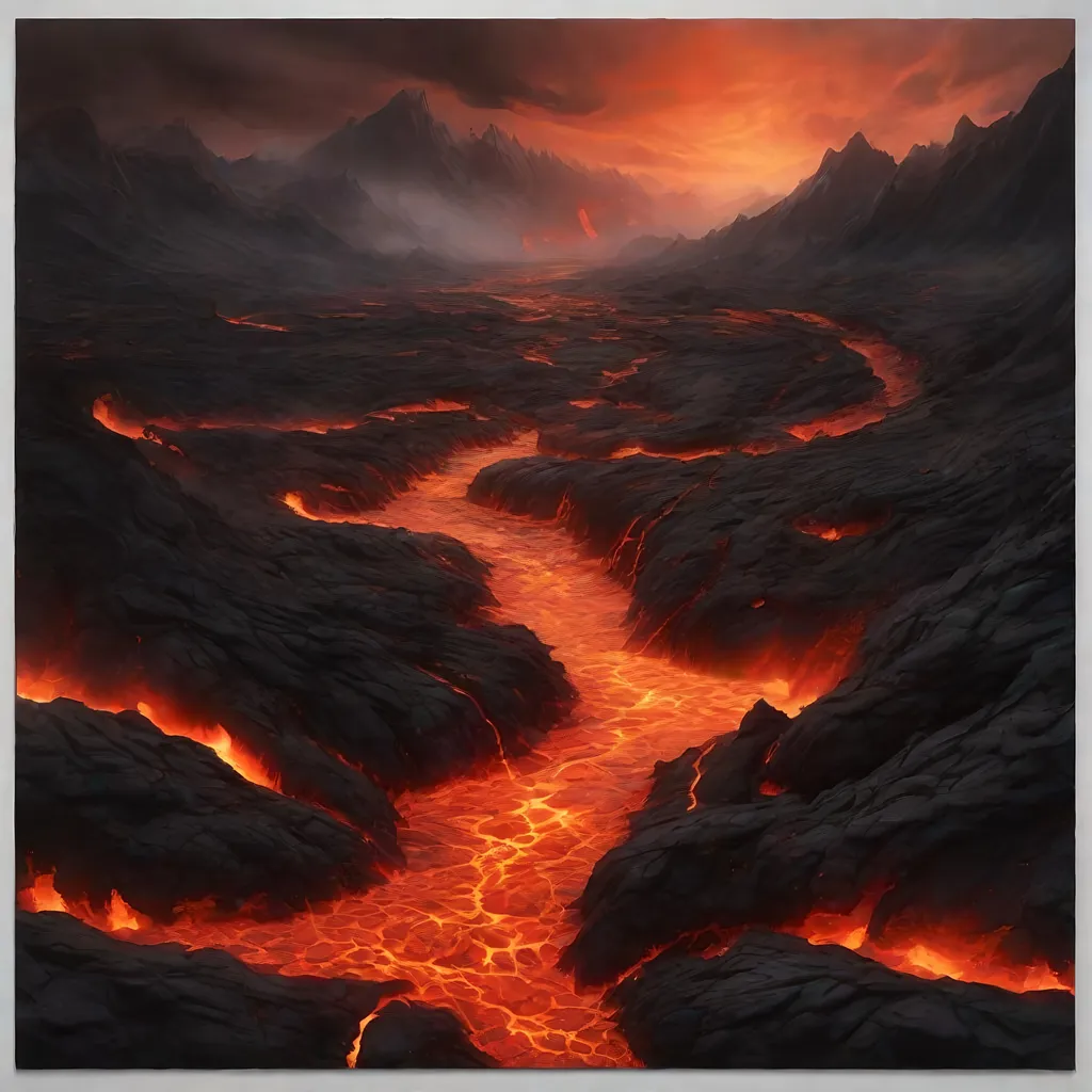 Prompt: a glowing river of lava flowing towards the viewer, black cracked earth, dark, moody, ultra realistic