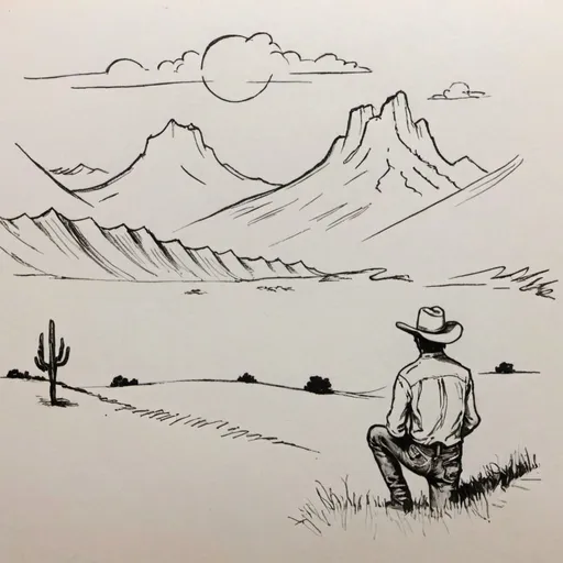 Prompt: a sketch of a cowboy watching the sunset
