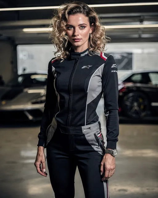 Prompt: Femme, 30 ans
Cheveux blonds bouclés mi-longs, boucles naturelles définies
Yeux vert profond, regard intense
Visage fin, pommettes marquées
Lèvres naturelles
Silhouette athlétique et élégante
Expression calme, confiante, légèrement mystérieuse
debout dans un garage de luxe.
Tenue inspirée du sport automobile chic, montre de luxe discrète, maquillage léger et naturel.
Lumière cinématographique contrastée, style éditorial haut de gamme, textures réalistes, ambiance performance, précision et excellence.